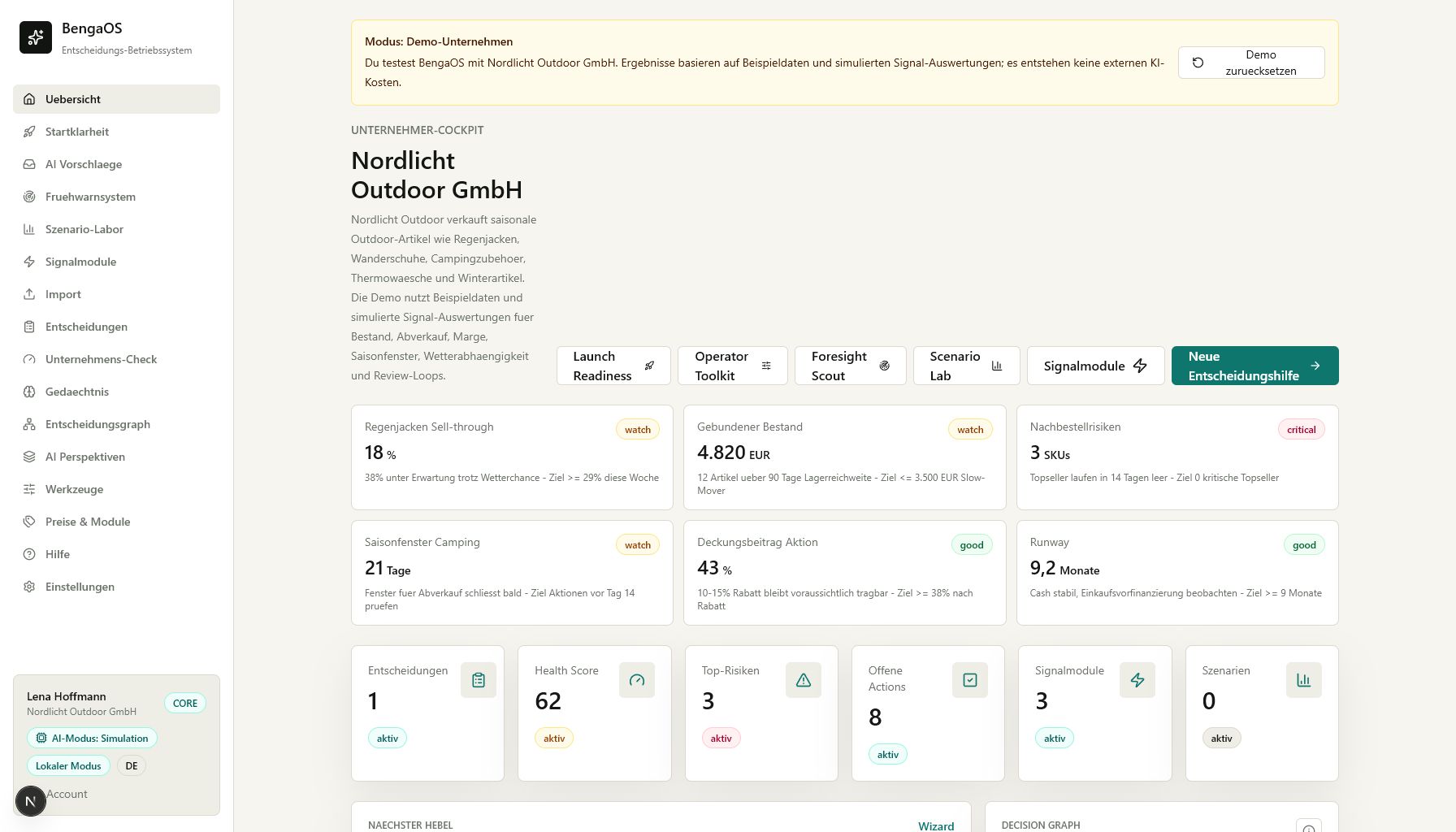 BengaOS Decision Workspace mit Signal Briefs, Aktionen und Decision Graph
