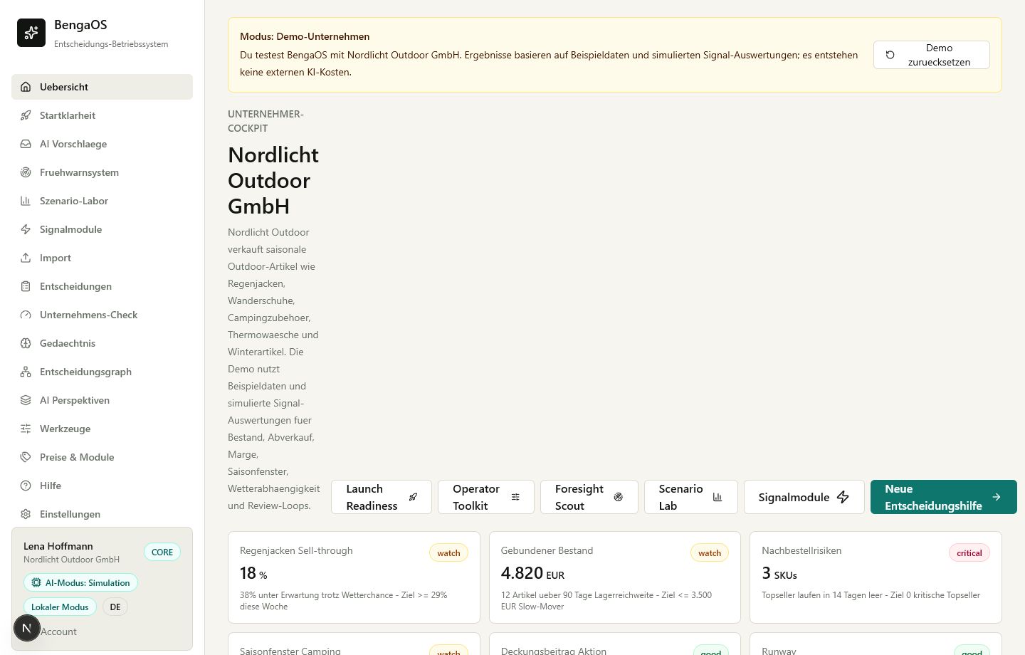 BengaOS Dashboard mit Decision Workspace und Signal Packs